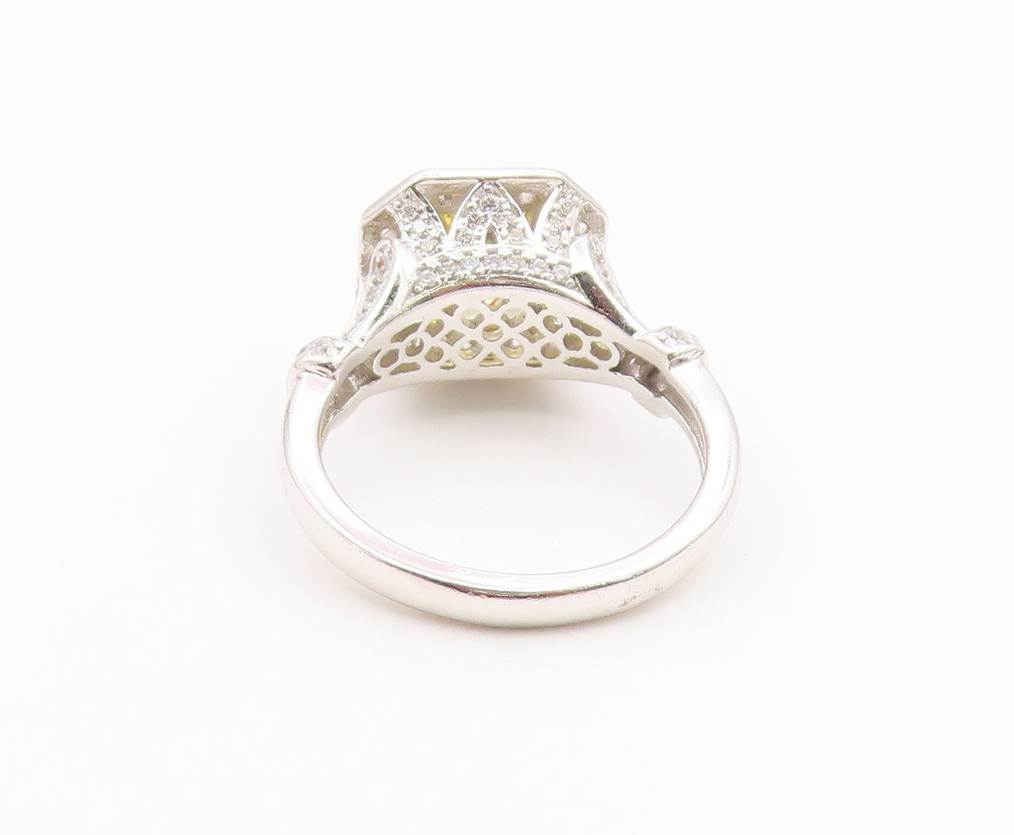 925 Sterling Silver Vintage Ring Citrine & CZ Octagon Halo Band  Sz 8  RG36576