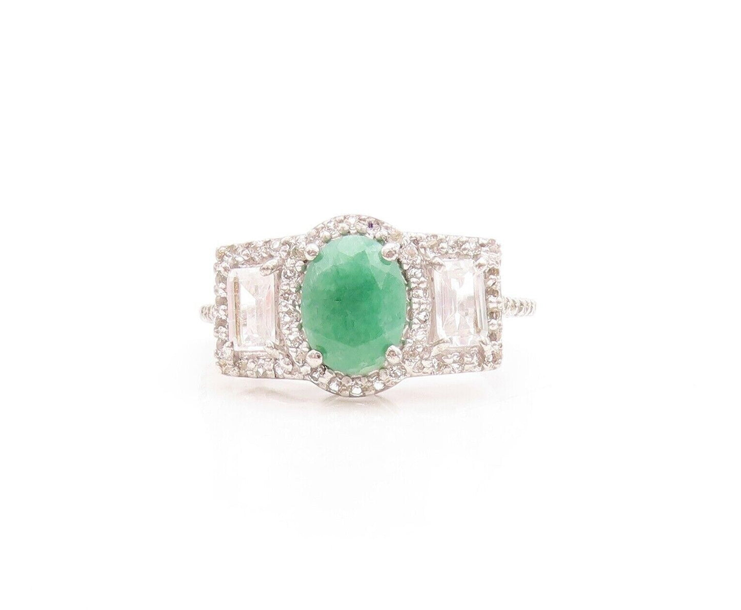 925 Sterling Silver Vintage Ring Real Emerald Inlay Topaz   Sz 7.5  RG30084
