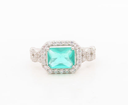 925 Sterling Silver Vintage Ring Rectangle Sea Green Halo White CZ  Sz 7 RG30933