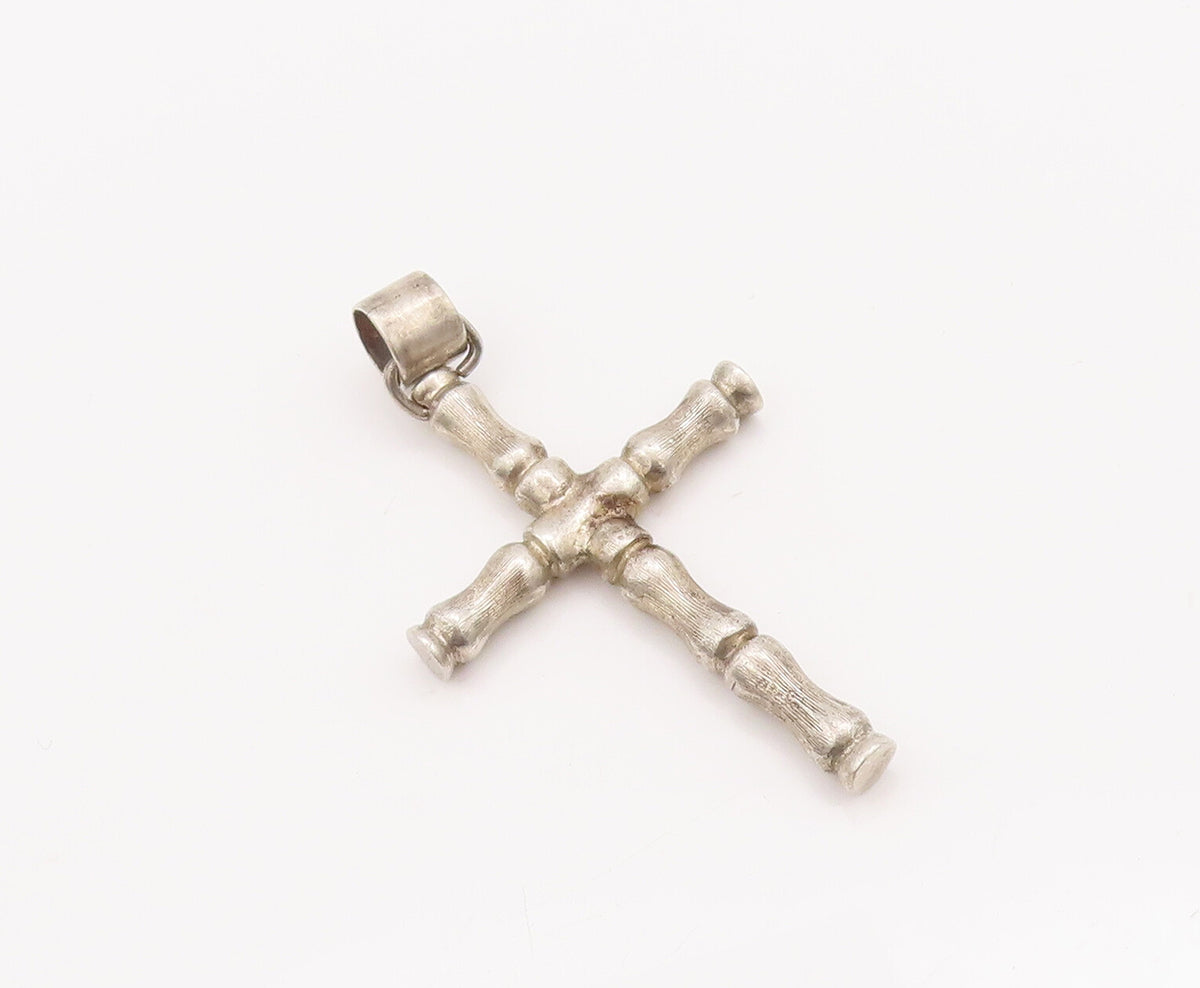 925 Sterling Silver Vintage Pendant Bamboo Stick Carved Religious Cross  PT23032