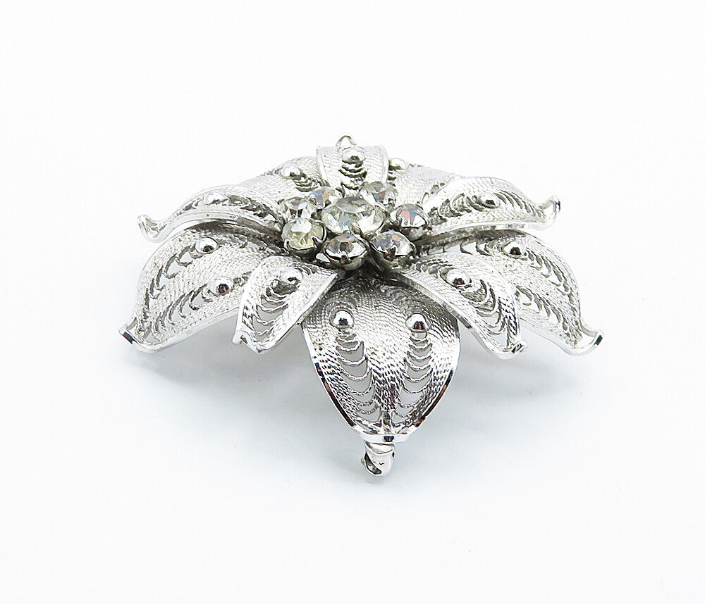 ESPO 925 Silver  Vintage Cubic Zirconia Filigree Flower Brooch Pin  BP2853