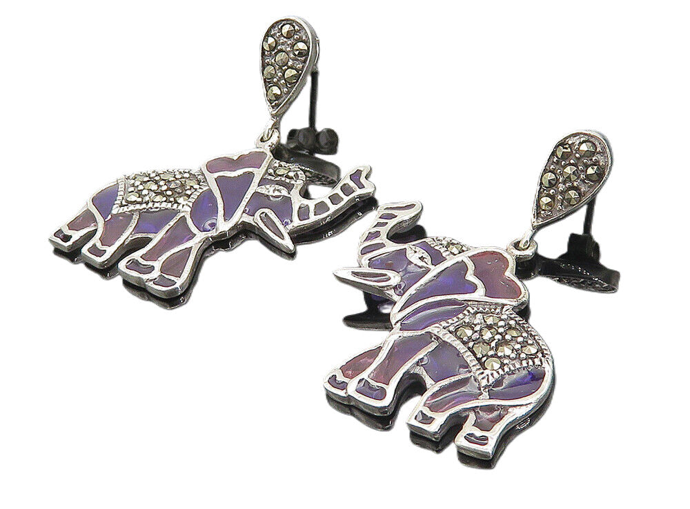 925 Sterling Silver  Shiny Marcasite & Enamel Elephant Dangle Earrings  EG3022