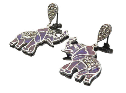 925 Sterling Silver  Shiny Marcasite & Enamel Elephant Dangle Earrings  EG3022