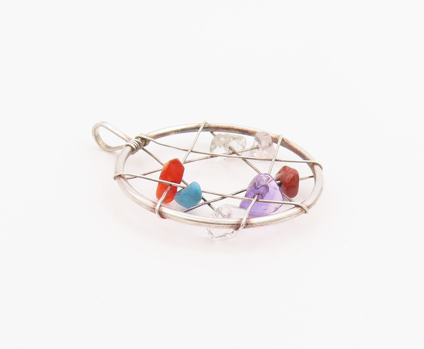 925 Sterling Silver Vintage Pendant Multi Gemstone Dream Catcher Charm  PT24919