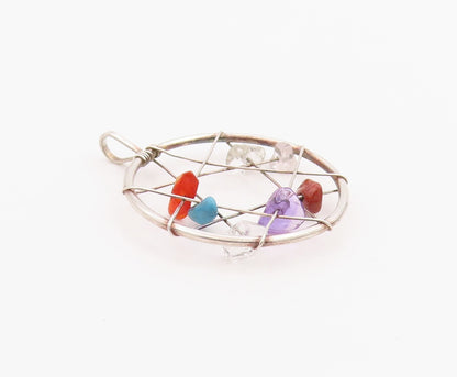 925 Sterling Silver Vintage Pendant Multi Gemstone Dream Catcher Charm  PT24919