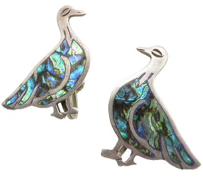 MEXICO 925 Silver  Vintage Abalone Shell Duck Non Pierce Earrings  EG6653
