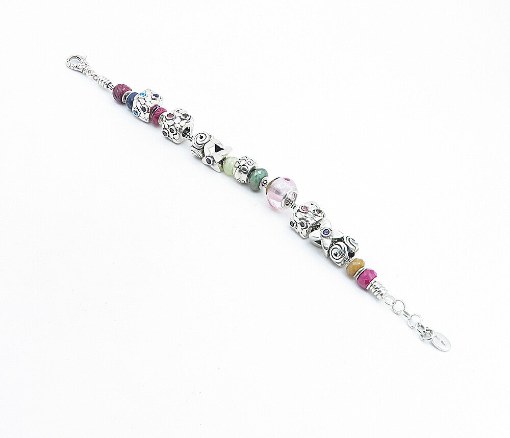 925 Sterling Silver & 18K GOLD Multi Gemstone Beaded Chain Bracelet BT3016