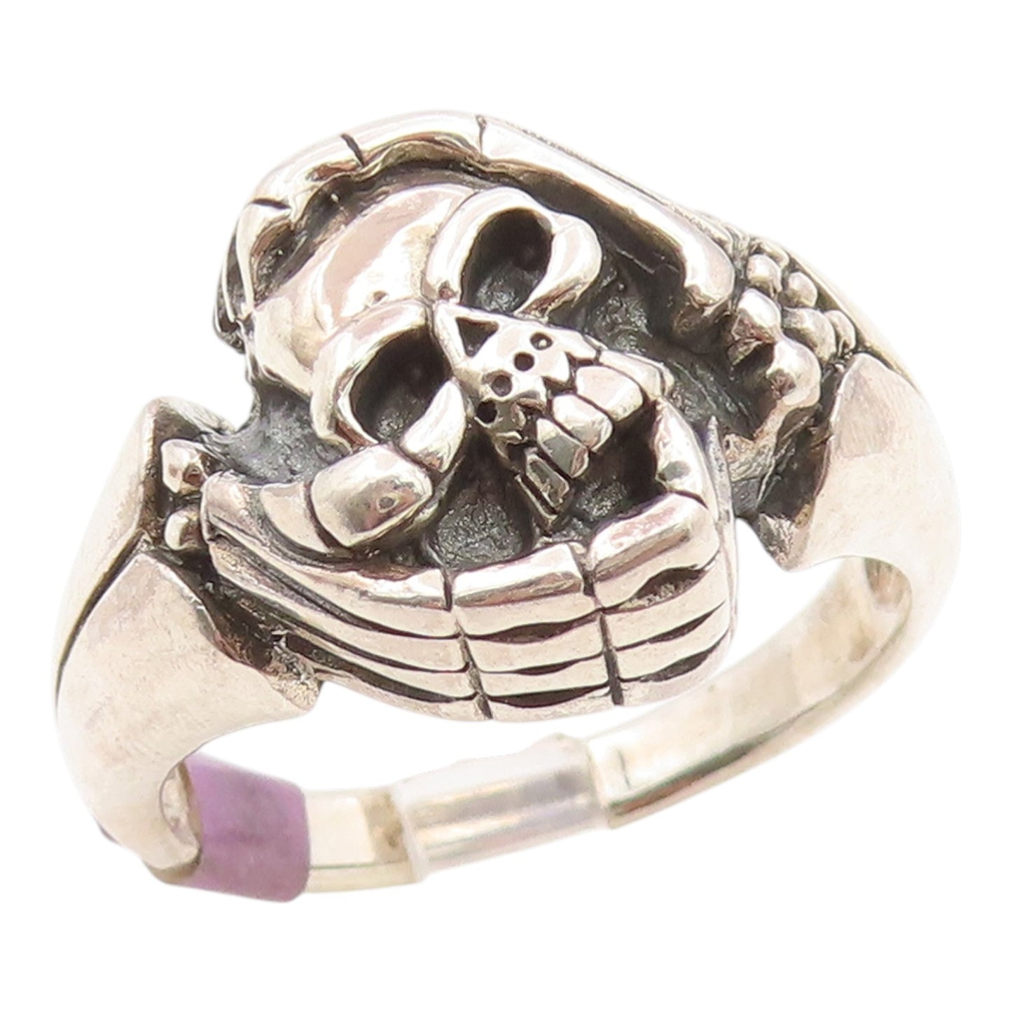 925 Sterling Silver Vintage Ring Carved Gothic Skull & Hands  Sz 13  RG35911