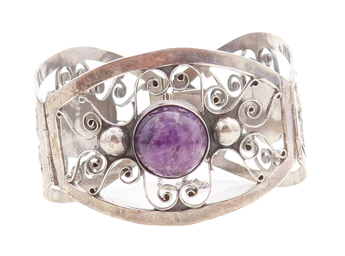 925 Sterling Silver  Vintage Cabochon Cut Amethyst Swirl Chain Bracelet BT2367