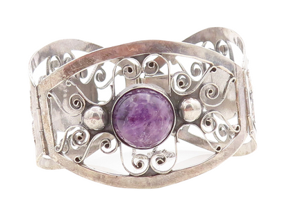 925 Sterling Silver  Vintage Cabochon Cut Amethyst Swirl Chain Bracelet BT2367