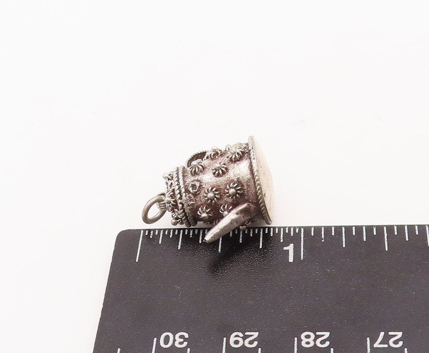 925 Sterling Silver Vintage Pendant Solid Coiled Floral Carved Tea Pot  PT23163