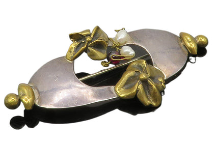 DESIGNER 925 Silver  Vintage Petite Pearls Two Tone Floral Brooch Pin  BP5292