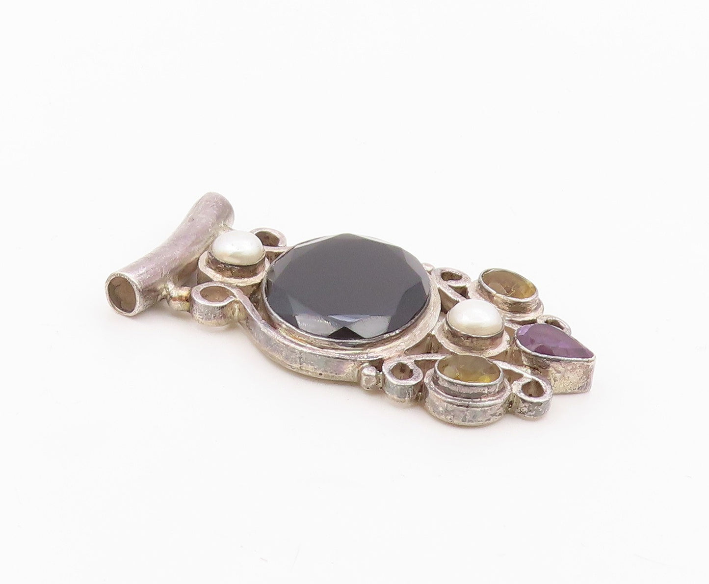 925 Silver  Vintage Black Spinel Pearls Citrine & Amethyst Pendant  PT17026