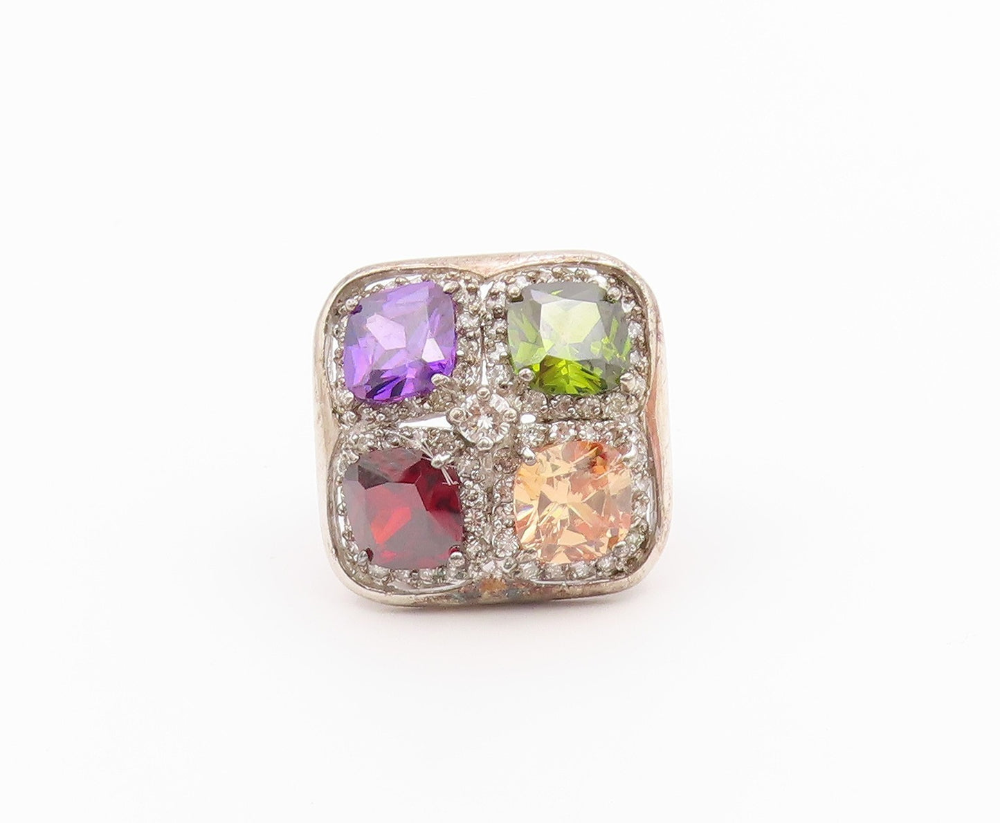925 Sterling Silver Vintage Ring Multi Gemstone Statement Band  Sz 9  RG36455