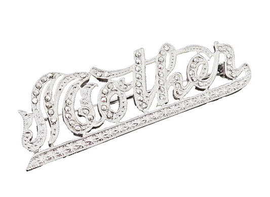 925 Sterling Silver  Vintage Marcasite MOTHER Cutout Brooch Pin  BP10119
