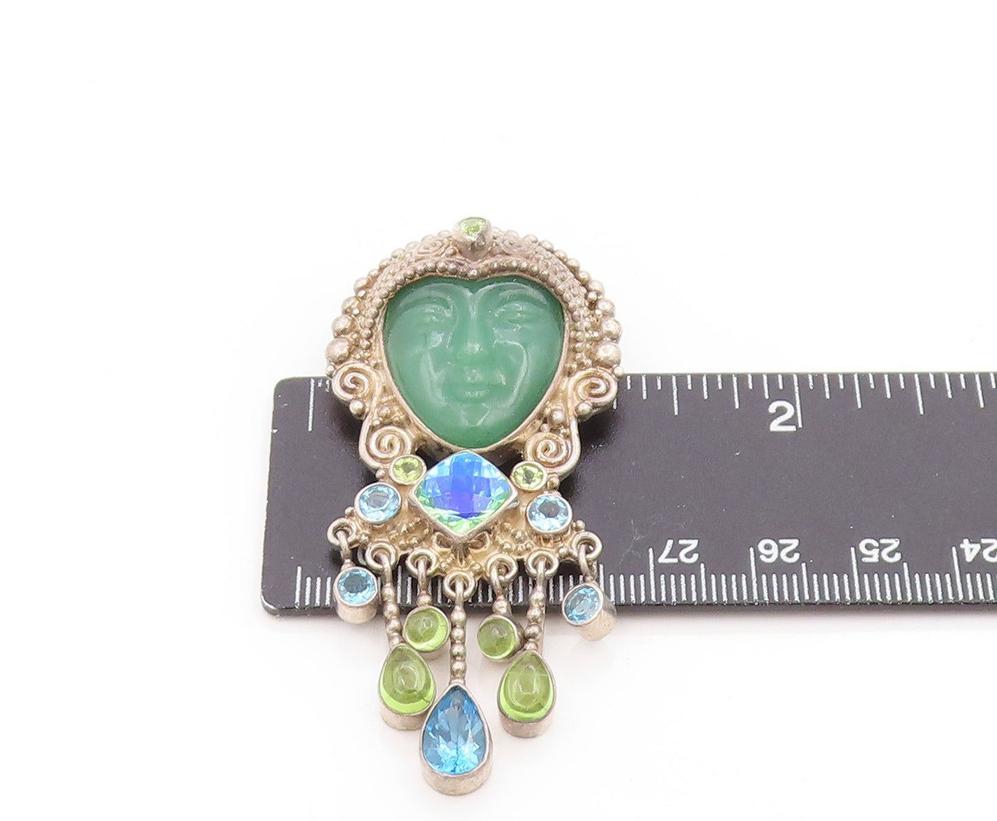 925 Sterling Silver Vintage Brooch Pin SAJEN Multi Gemstone Bali Goddess BP12255