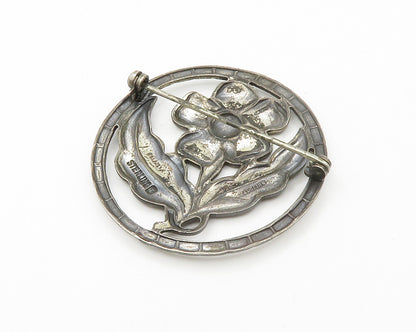 925 Sterling Silver  Vintage Dark Tone Single Flower Round Brooch Pin  BP5708