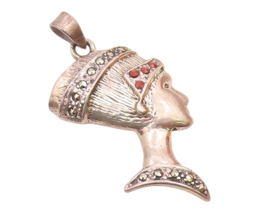 925 Silver  Vintage Marcasite & Coral Egyptian Queen Nefertiti Pendant PT19277
