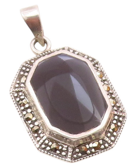 925 Sterling Silver  Vintage Black Onyx & Marcasite Cornered Pendant  PT17845