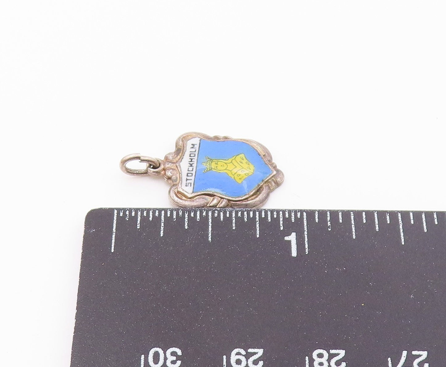925 Sterling Silver  Vintage Enamel Stockholm Coat Of Arms Pendant  PT16397