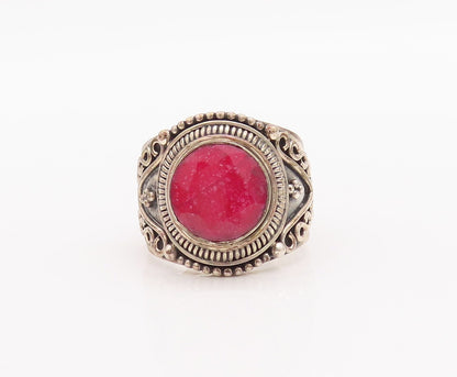 925 Sterling Silver Vintage Ring Swirly Beaded Carved Red Gemstone Sz 7  RG29604