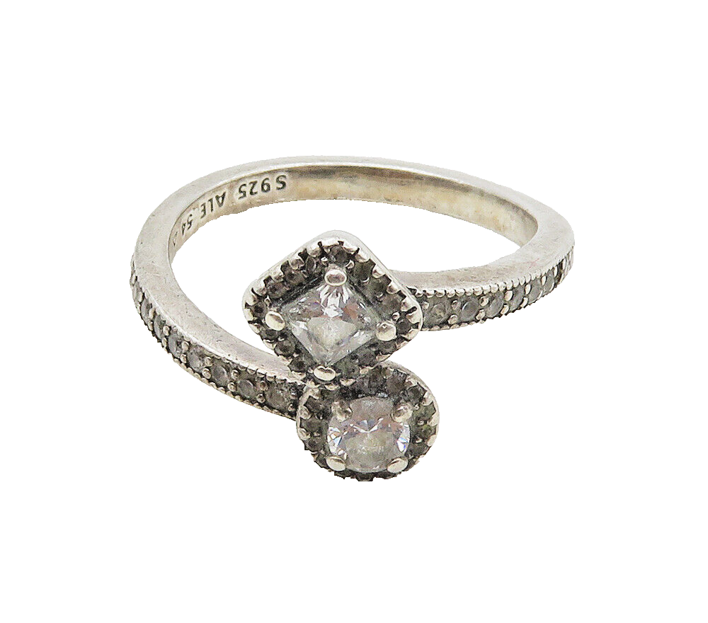 PANDORA 925 Sterling Silver Vintage Cubic Zirconia Bypass Ring Sz 7.5 RG15864