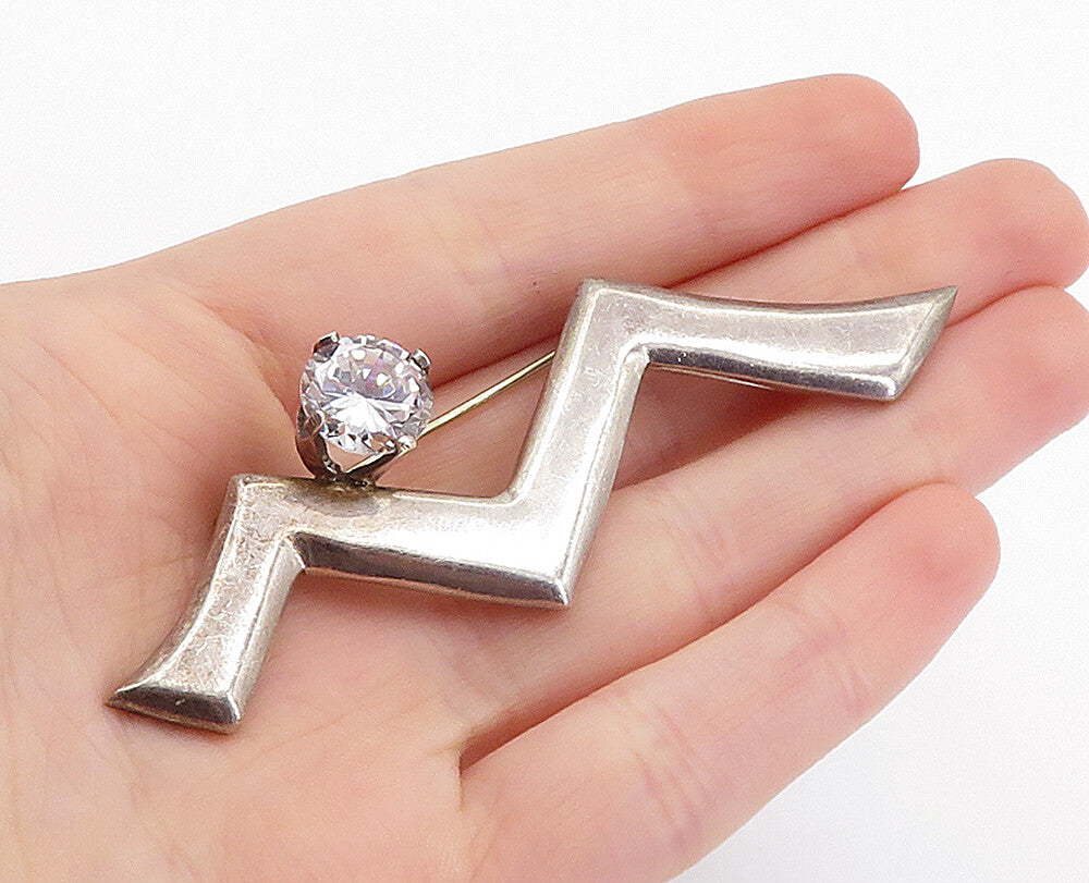 925 Sterling Silver Vintage Cubic Zirconia Zig Zag Design Brooch Pin BP2341