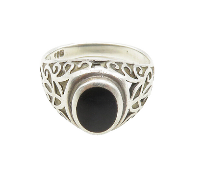 925 Sterling Silver  Vintage Inlaid Black Onyx Swirl Band Ring Sz 6  RG15742