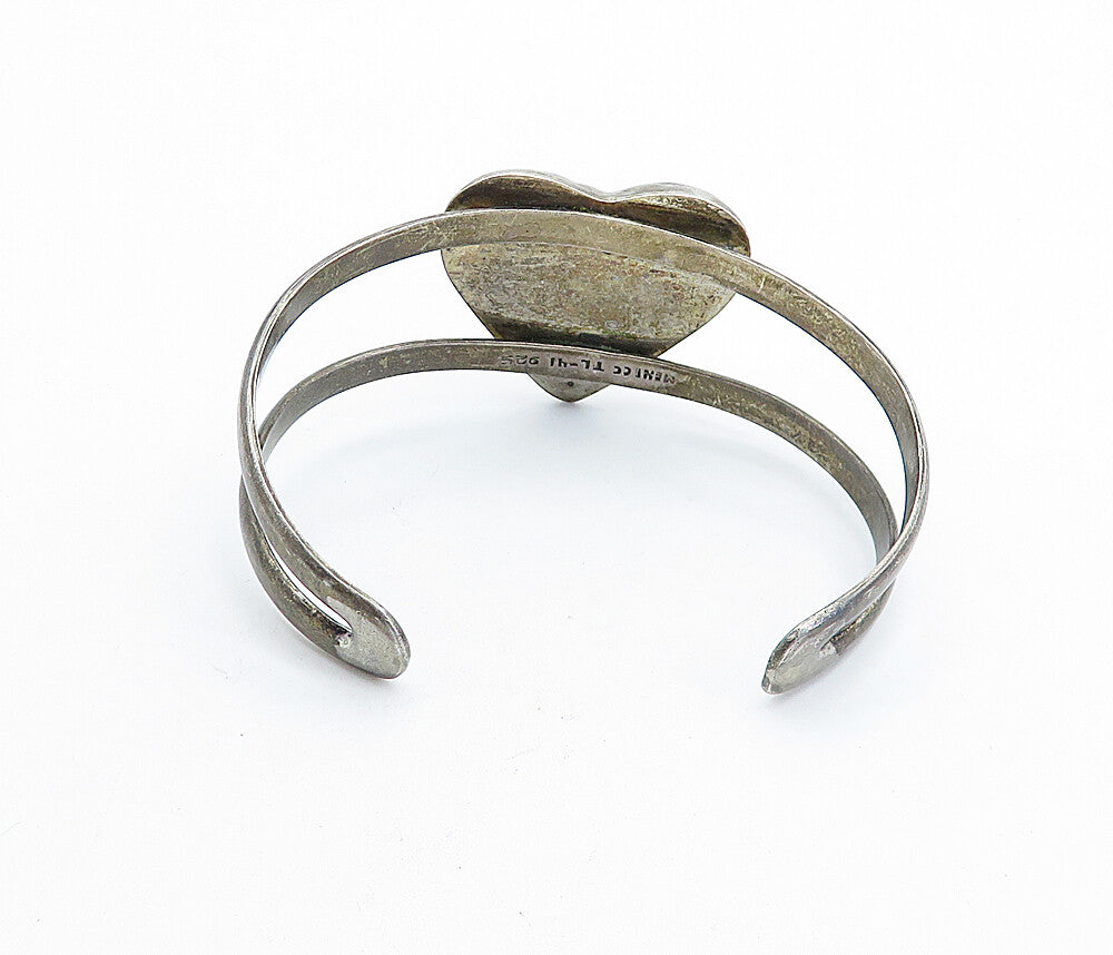 MEXICO 925 Sterling Silver Vintage Dark Tone Love Heart Cuff Bracelet BT2046
