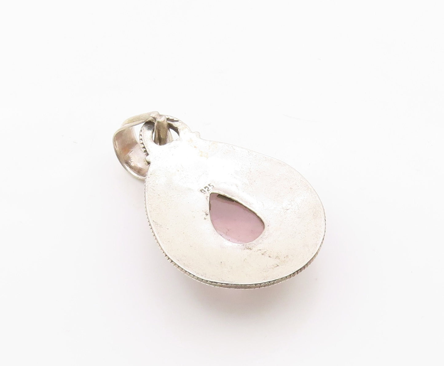 925 Sterling Silver  Vintage Cabochon Cut Rose Quartz Shiny Pendant  PT13789