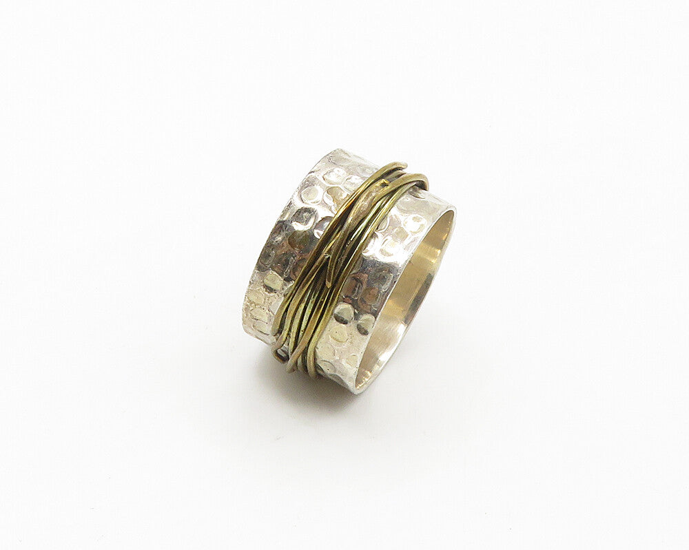 DESIGNER 925 Silver  Vintage Two Tone Wrapped Hammered Band Ring Sz 9  RG18254