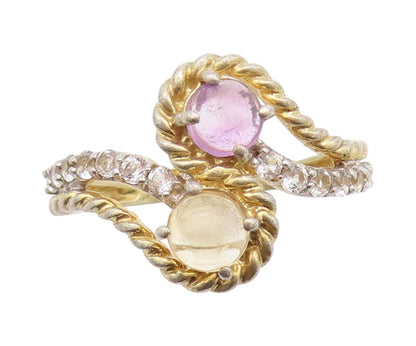 925 Sterling Silver Vintage Ring Gold Plated Roped Amethyst Citrine Sz 7 RG33015
