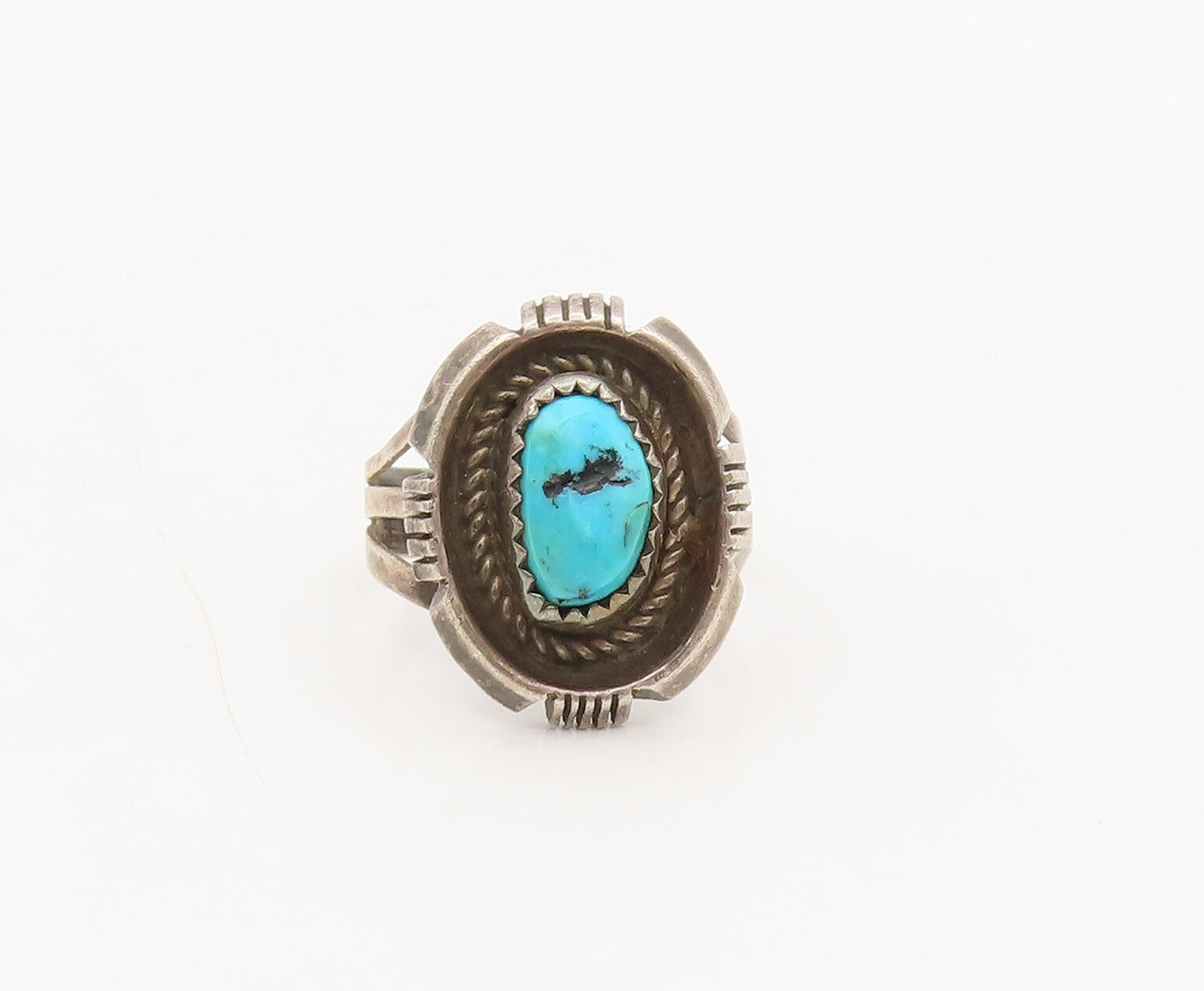 NAVAJO 925 Silver Vintage Turquoise Halo Carved Twisted Rope Ring Sz 7 RG26849
