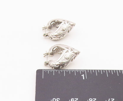 925 Sterling Silver Vintage Earrings Elegant Scrollwork Love Heart Hoop  EG14395