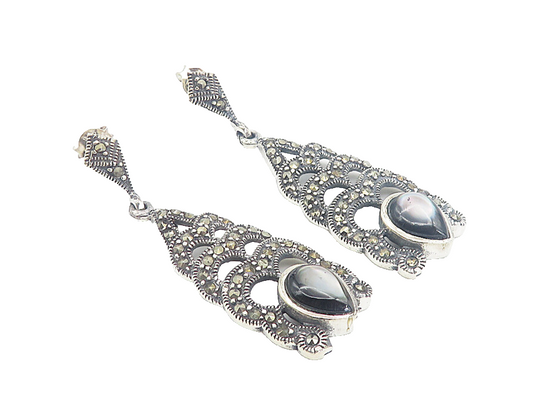 925 Sterling Silver  Vintage Abalone & Marcasite Shiny Dangle Earrings  EG2982