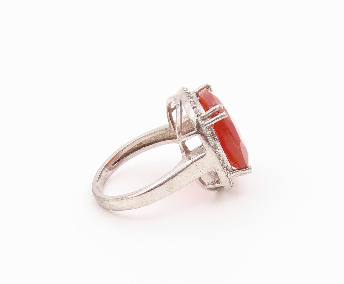 925 Sterling Silver Vintage Ring Faceted Carnelian Halo CZ Band  Sz 7.5  RG36569