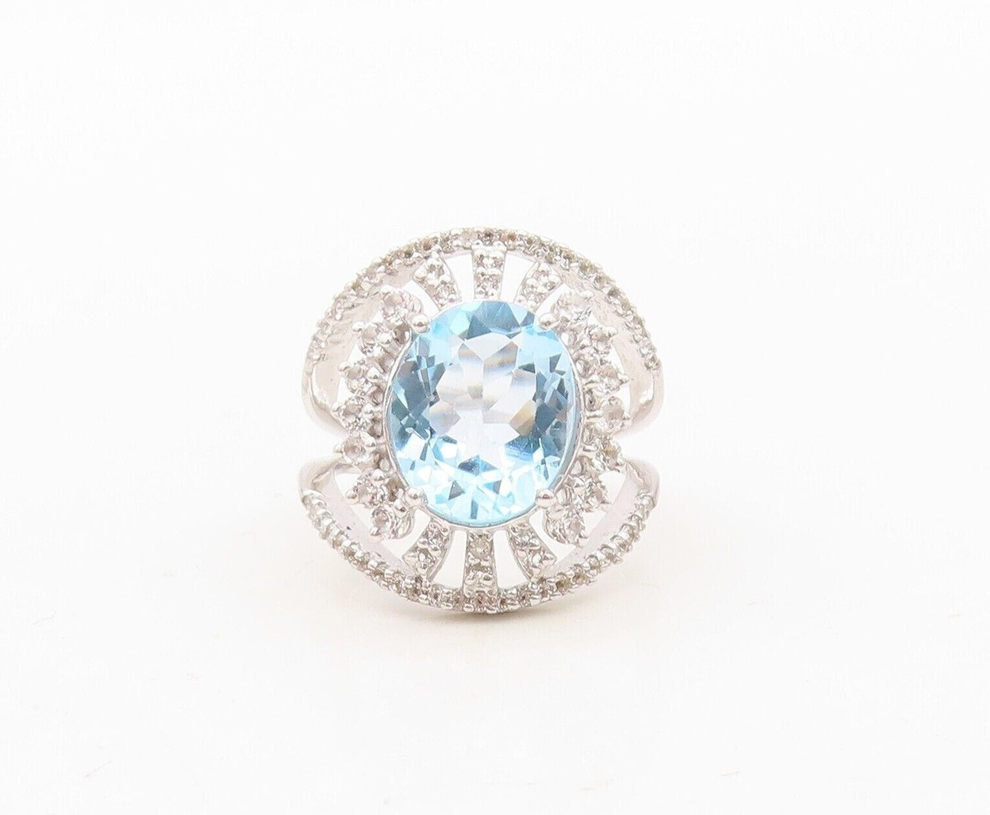 925 Sterling Silver Vintage Ring Floral 2 Tone Topaz Split Band  Sz 7.5  RG30327