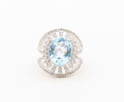 925 Sterling Silver Vintage Ring Floral 2 Tone Topaz Split Band  Sz 7.5  RG30327