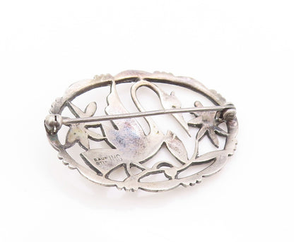 925 Sterling Silver Vintage Brooch  BAUR Cutout Stork & Floral Design  BP11552