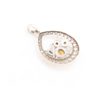 925 Sterling Silver Vintage Pendant Designer Swirly Cutout Citrine Inlay PT23760