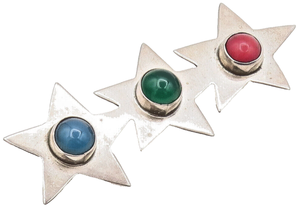 925 Sterling Silver Vintage Brooch Pin MEXICO Three Gemstone Solid Star  BP10536