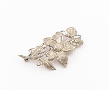 925 Sterling Silver  Vintage Shiny Etched Single Flower Brooch Pin  BP4888