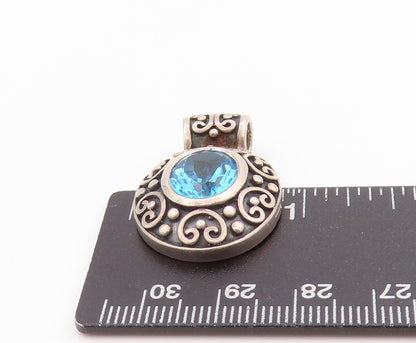 925 Sterling Silver Vintage Pendant Blue Oval Cut Topaz Swirly Carved  PT24413