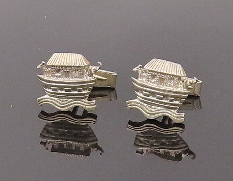925 Sterling Silver  Vintage Noah's Ark Waterpark Carved Cuff Links  TR3469