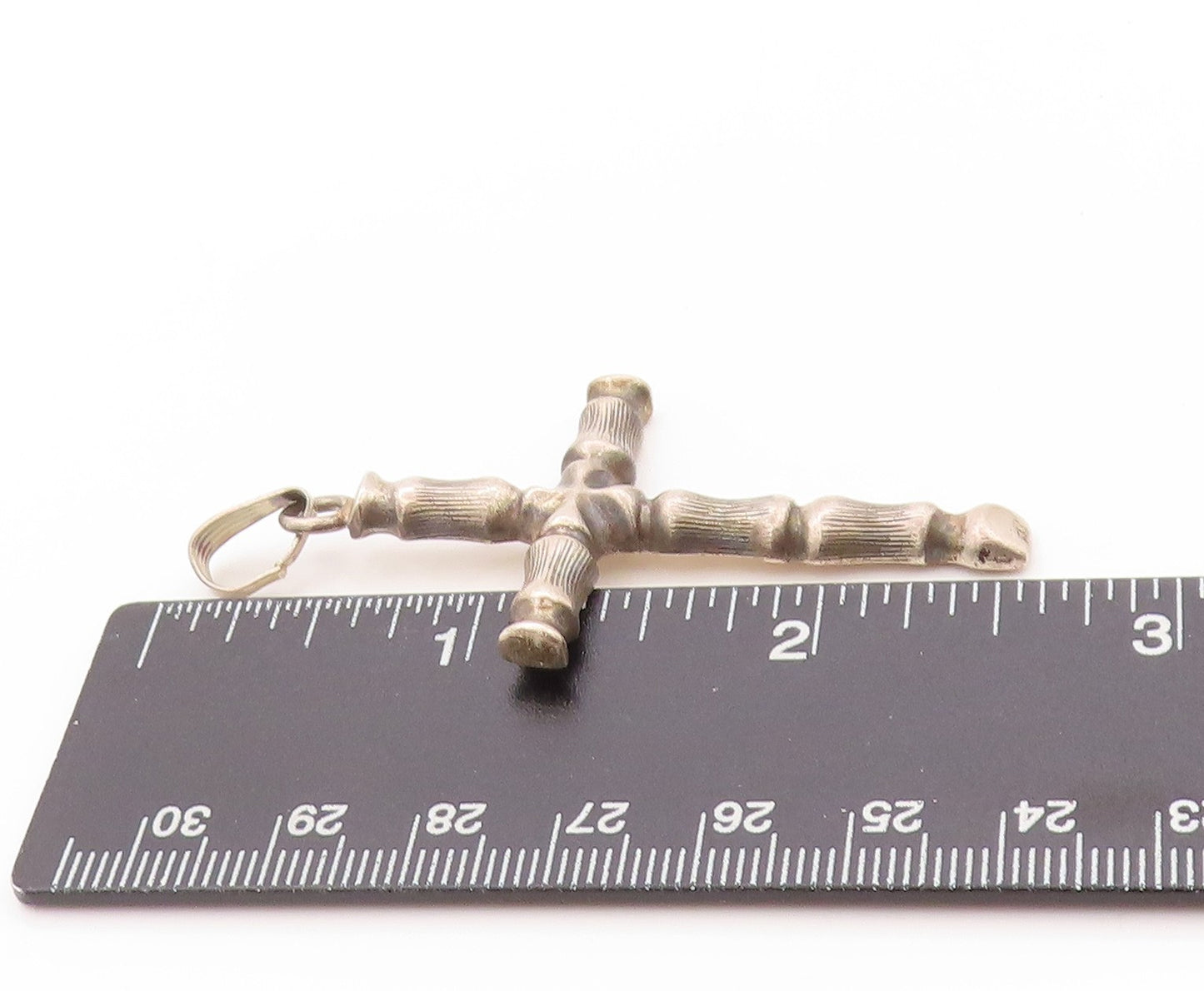 925 Sterling Silver Vintage Pendant Religious Carved Bamboo Stick Cross  PT24183