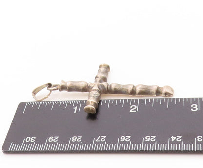 925 Sterling Silver Vintage Pendant Religious Carved Bamboo Stick Cross  PT24183