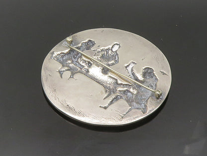 925 Sterling Silver  Vintage Tavern Scenery Round Brooch Pin  BP9355