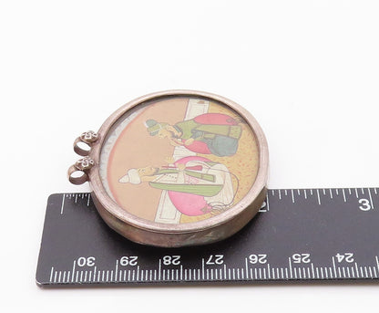 925 Sterling Silver  Vintage Antique Hookah Scene Oval Pendant  PT15679