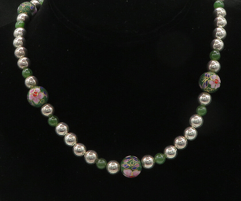 925 Sterling Silver  Vintage Jade & Enamel Floral Beaded Chain Necklace NE3489