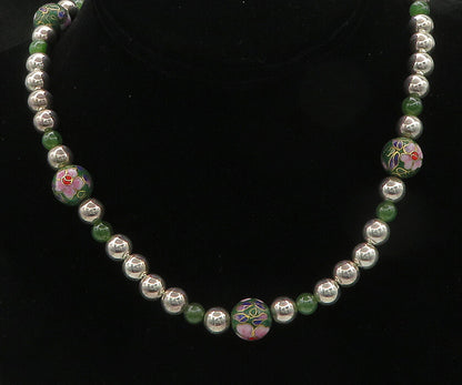 925 Sterling Silver  Vintage Jade & Enamel Floral Beaded Chain Necklace NE3489